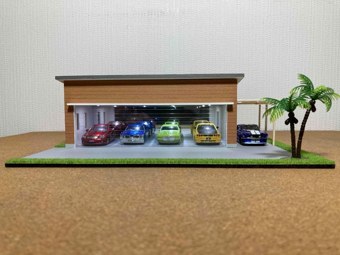 ミニカー専用ジオラマ：1/64 木造パーゴラ付ガレージ（ブラウン）期間限定セール