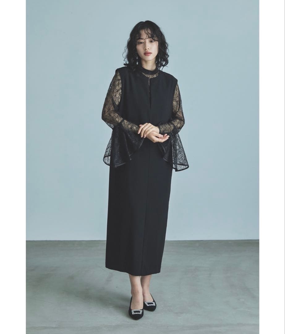 ベルスリーブスリットドレス パーティードレス 結婚式 同窓会 お呼ばれワンピース