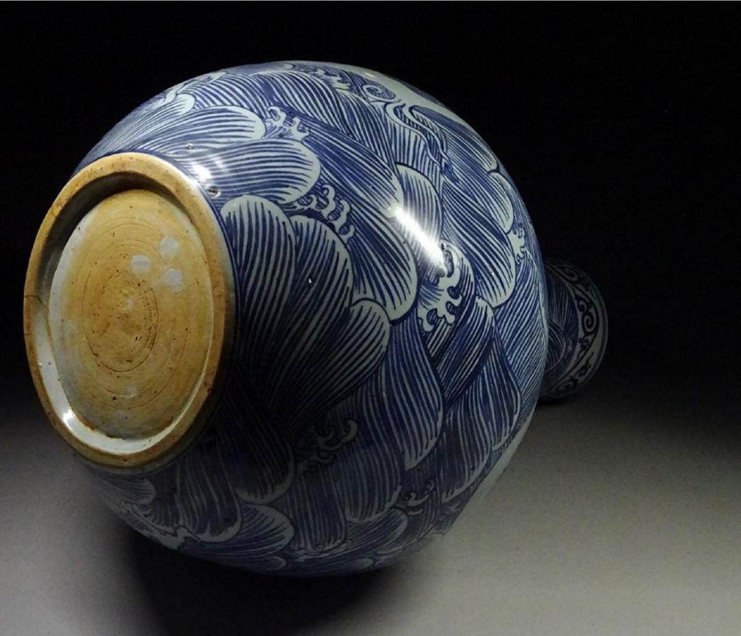 中国古玩 染付 龍濤文 天球瓶 高約42.5cm 唐物 t97383