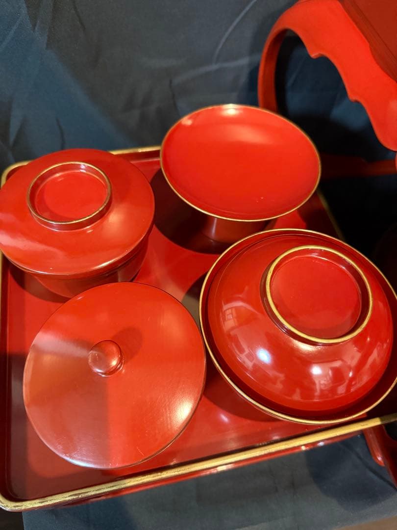 御膳セット　和尚膳　漆塗り　木製　食器　金縁　13点