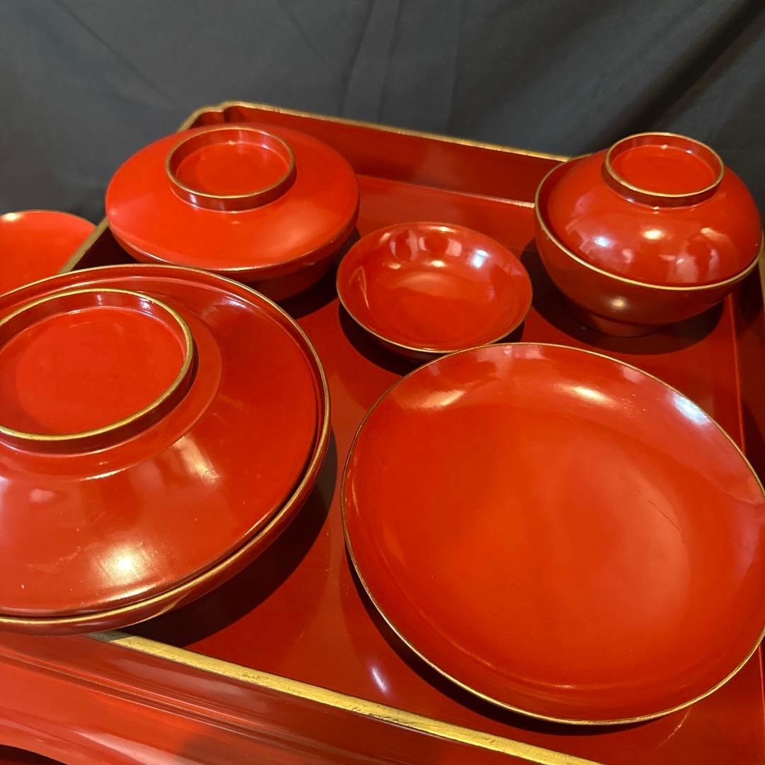 御膳セット　和尚膳　漆塗り　木製　食器　金縁　13点