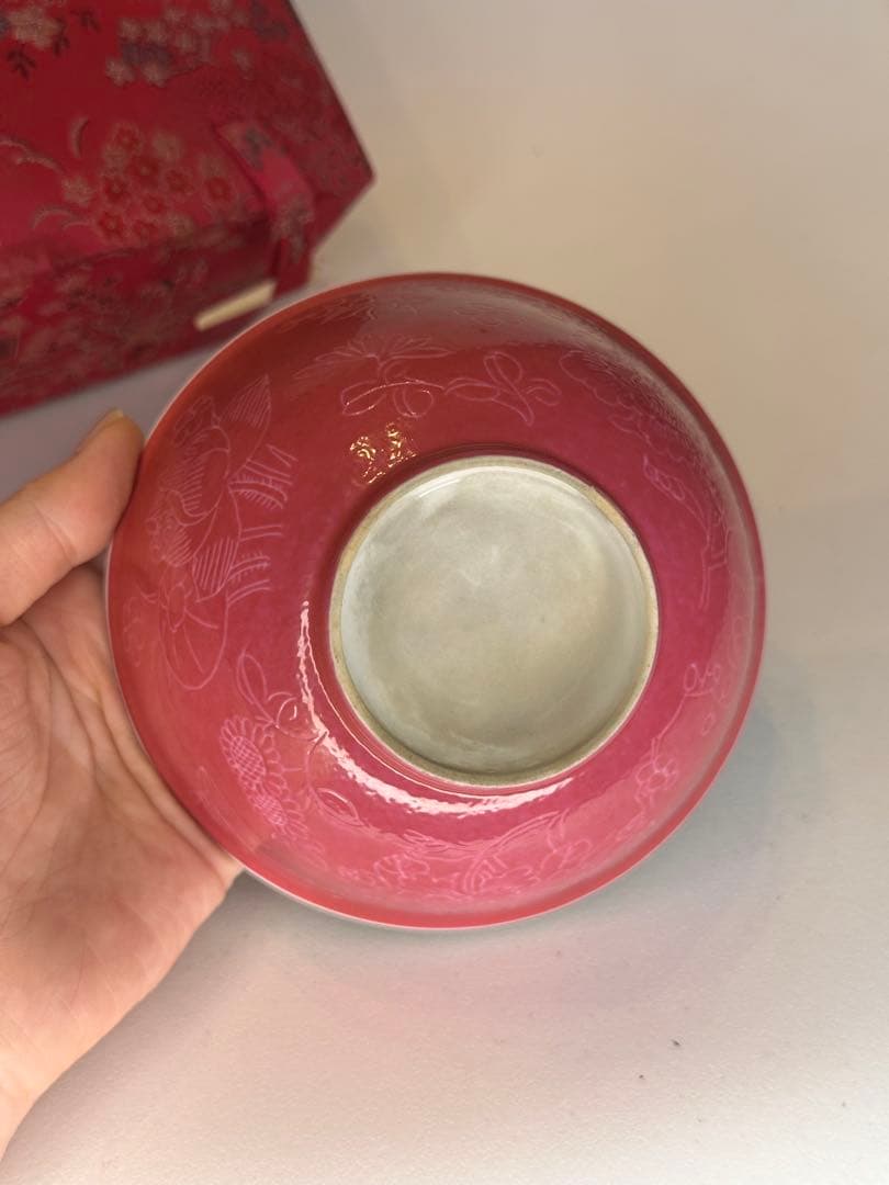 玫紅釉 粉釉 花卉文 碗 荷花・向日葵・牡丹文 中国古美術 時代物