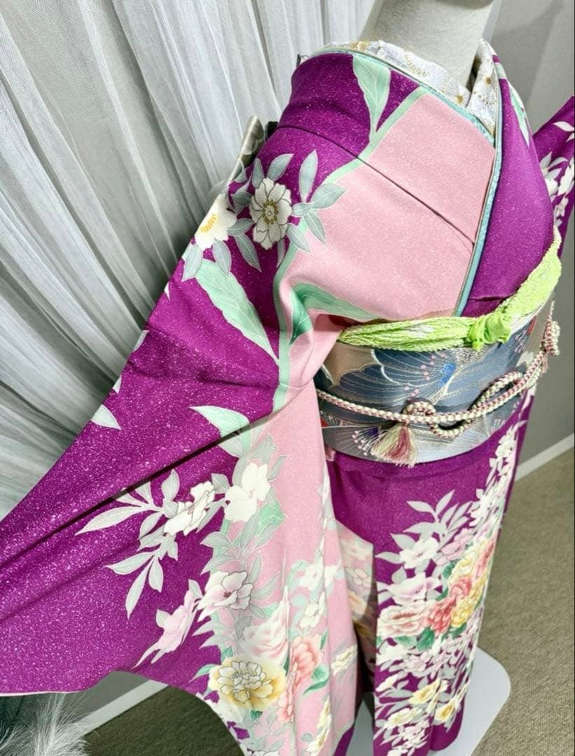 美品 正絹 振袖 単品販売 パープル ピンク 157〜167cm