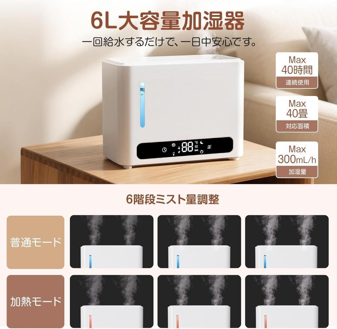 加湿器 6L 加熱式超音波式ハイブリッド ダブル吹出口 300ml/h加湿量