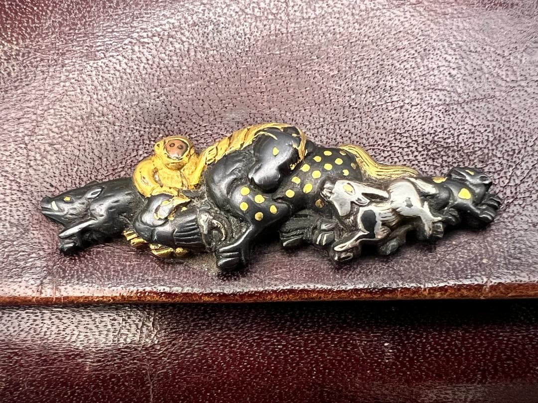 江戸明治時代 生肖図 金銀象嵌 極上骨製手彫キセル入れ 大玉根