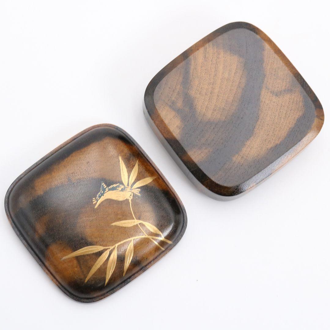 坂田峰俊作 翡翠蒔絵 黒柿四方香合 茶道具 共箱　rC795　N4