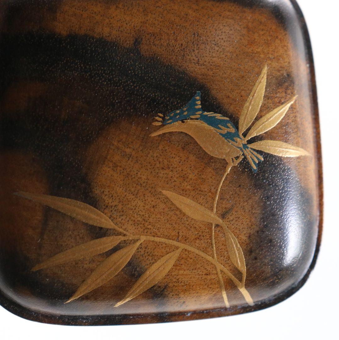 坂田峰俊作 翡翠蒔絵 黒柿四方香合 茶道具 共箱　rC795　N4