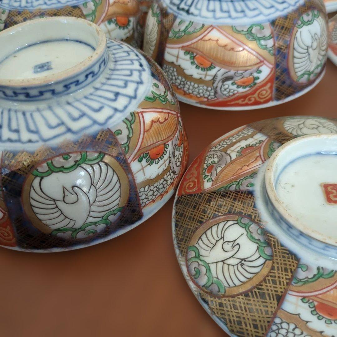 骨董　伊万里　蓋付き　茶碗　碗　色絵　錦手　アンティーク　5つ〜