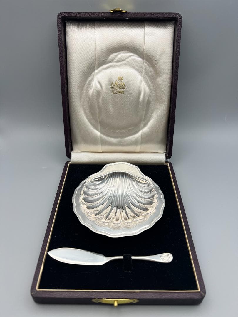 日出島 銀製 刻印 シルバートレイ バターナイフ シェル型トレイ 総重量