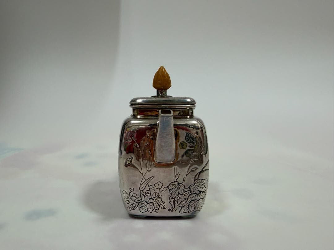 純銀製 四面取 草花文様 玉石摘 急須 銀瓶 煎茶道具