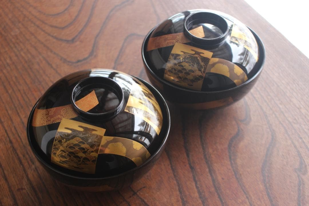 時代逸品！時代黒漆に極上短冊蒔絵の映えるお椀2点（検輪島塗蒔絵椀