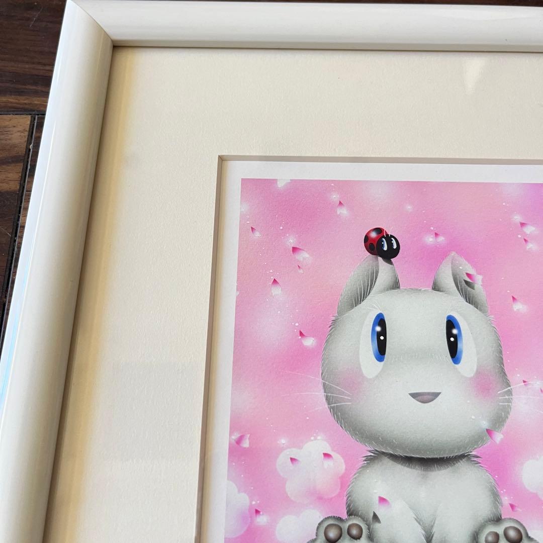 芳岡ひでき「春爛漫 LOVE」ジクレー 額装 18/100 猫 てんとう虫 G