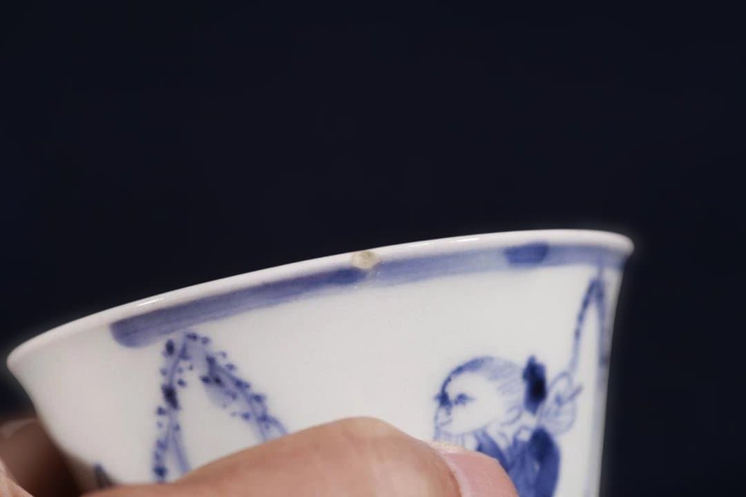 481 古伊万里染付大振変形樹下仙人図蕎麦猪口 江戸中期