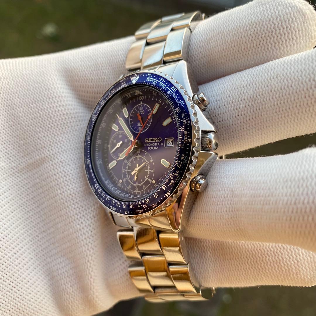 SEIKO クロノグラフ 100M クォーツ 腕時計 ブルー文字盤
