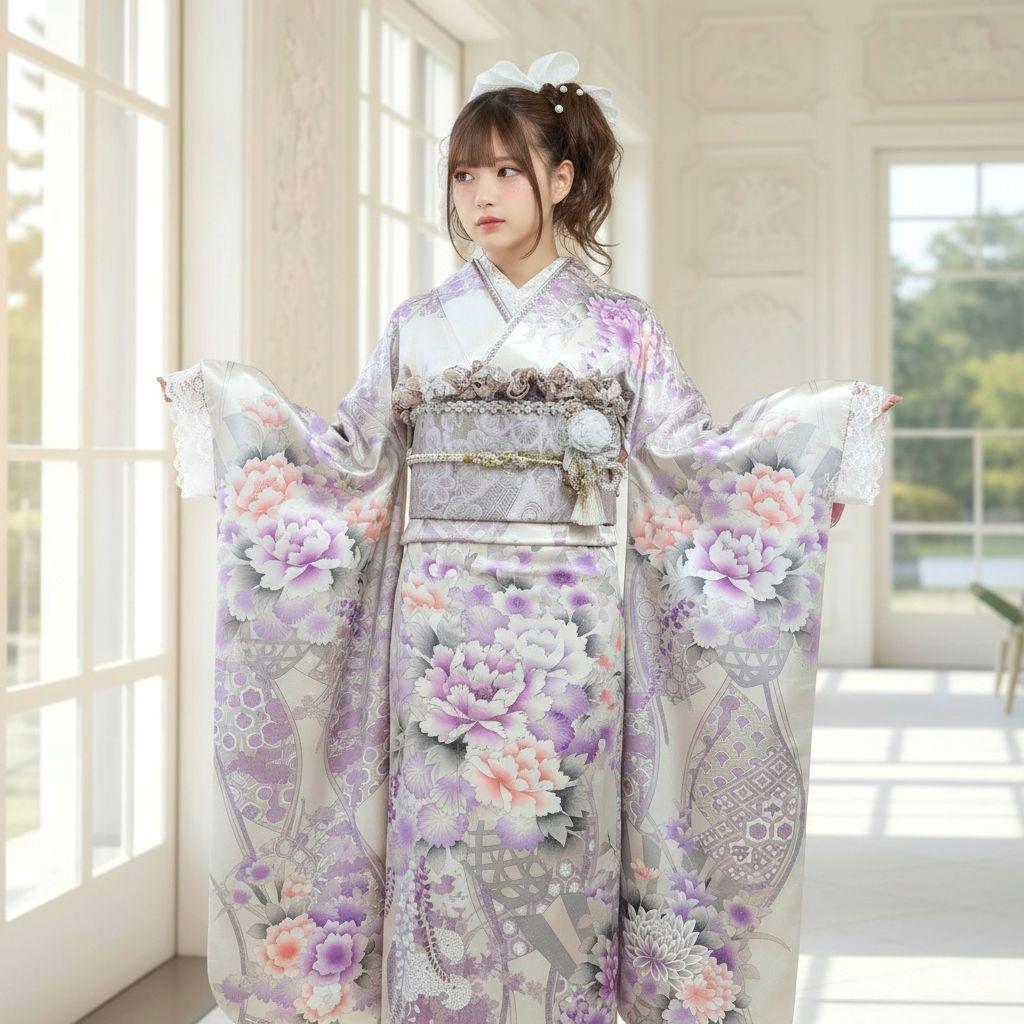 振袖フルセット(12点)・成人式・くすみ・豪華刺繍・銀彩加工・大輪牡丹