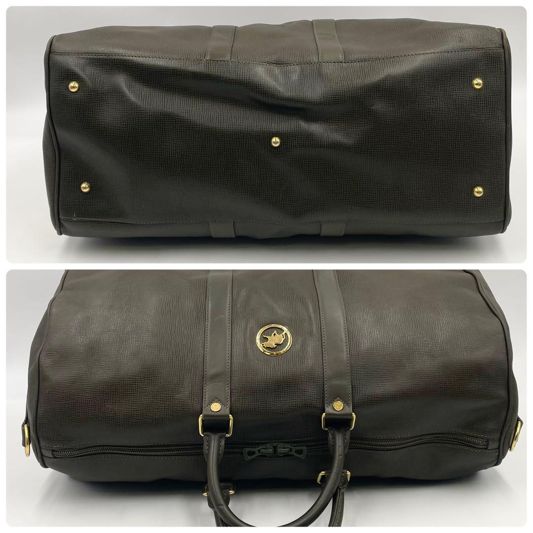 ハンティングワールド ボストンバッグ ゴールドロゴ レザー カーキ 大容量