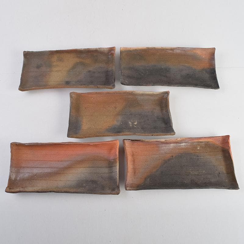 TA　和食器　楽山窯清水日呂志作　焼〆長皿　十客　共布共箱　MR9365B