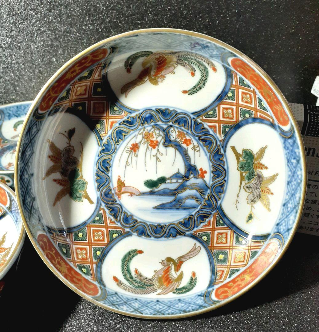 江戸時代後期　献上古伊万里　染錦　鳳凰に桐葉文様　15.4cm   深皿　5客