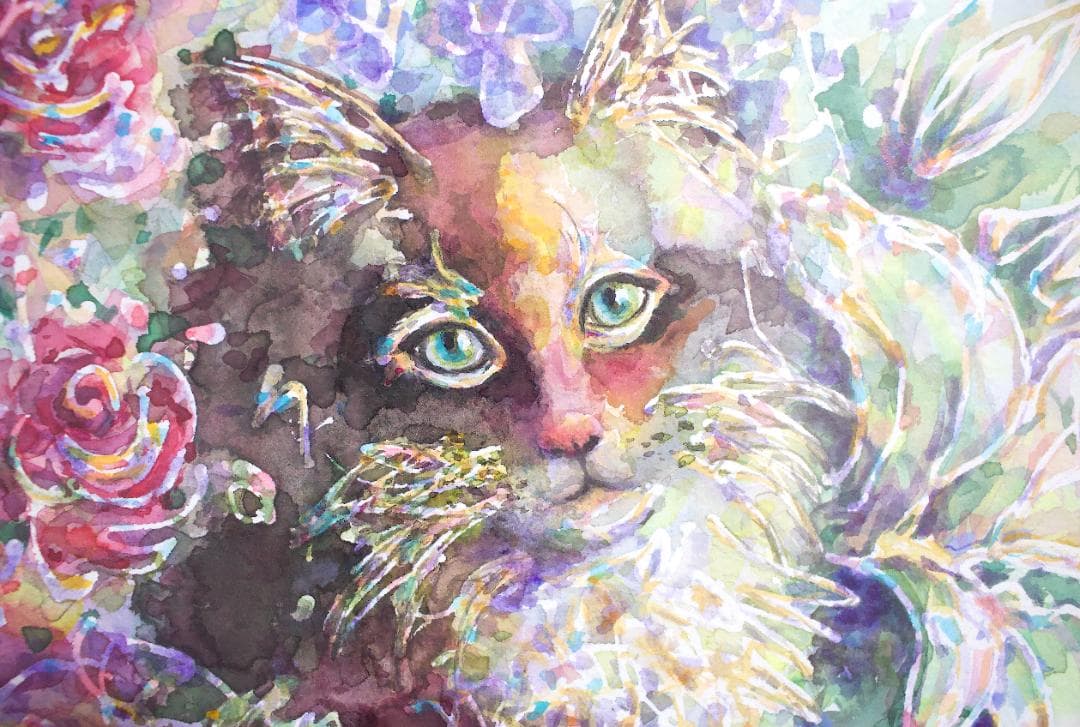 水彩画 原画 額付き「花の香り」F4 猫の絵 水彩画 原画 額付き「花