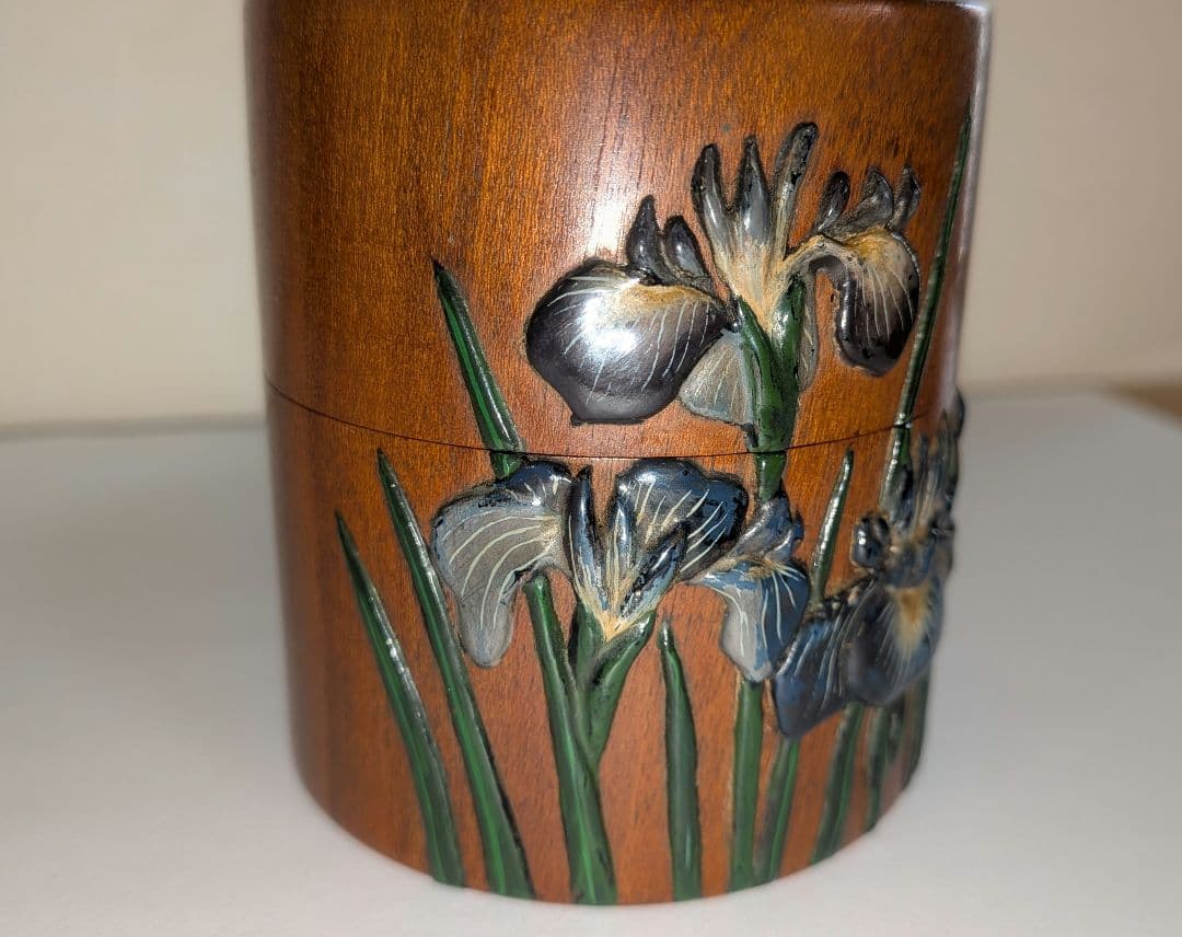 茂利漆』茶器 光宣作 棗 菖蒲 茶道具 茶入 中次 木彫 あやめ 吹雪