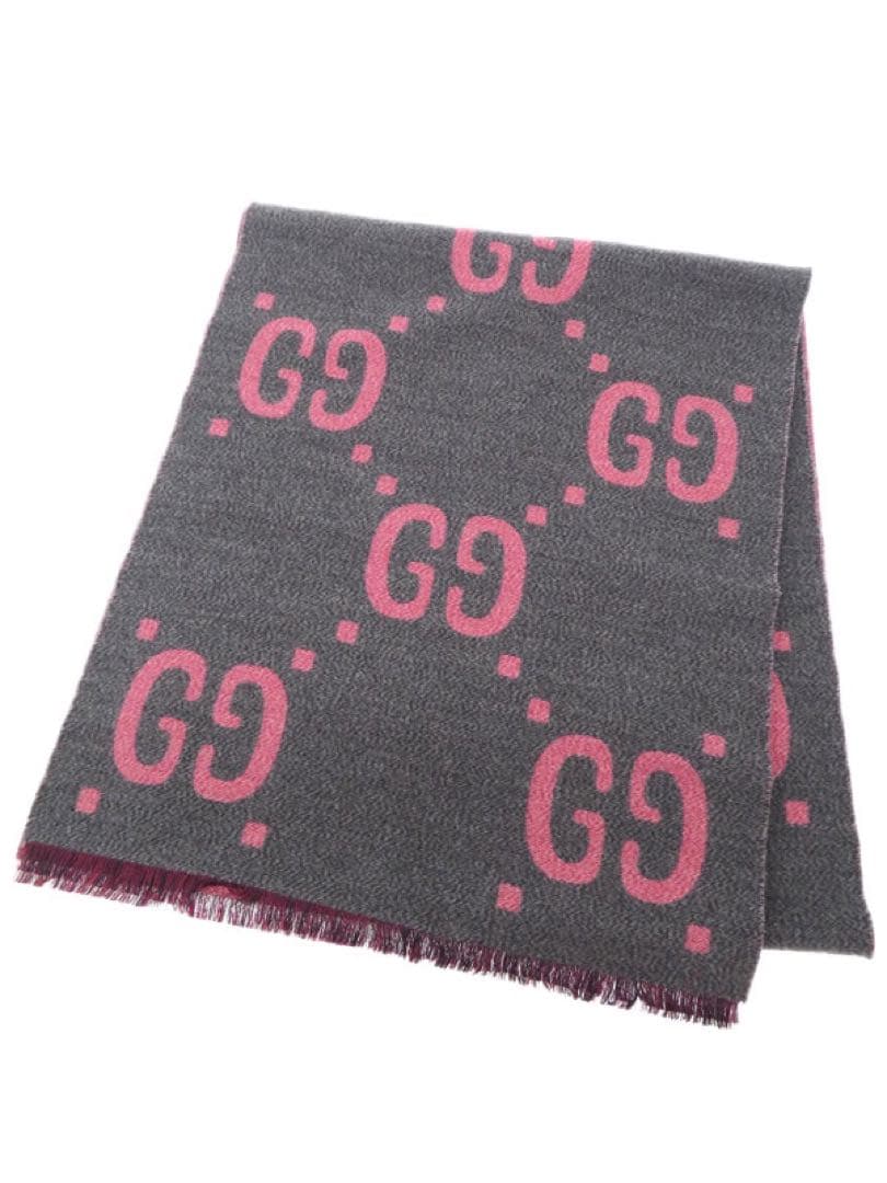 GUCCI GGロゴマフラー グレー/ピンク 37x190cm