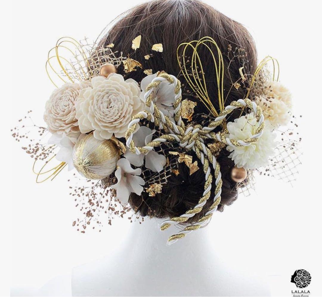 ピンク ホワイト 白 花柄 和装用バッグ、草履、髪飾りセット