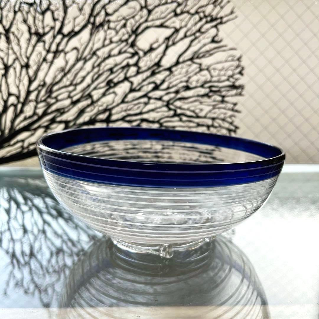 骨董 時代ガラス 瑠璃色フチ 希少 千段 糸巻き輪鉢 菓子器 氷コップ