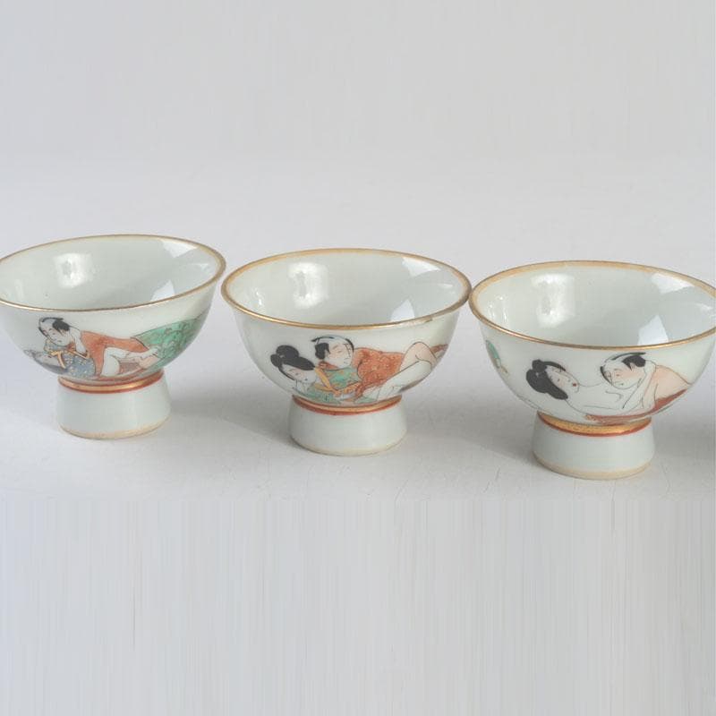 九谷焼 浮世絵 艶絵 春画 盃 五客 時代箱付 C 9238