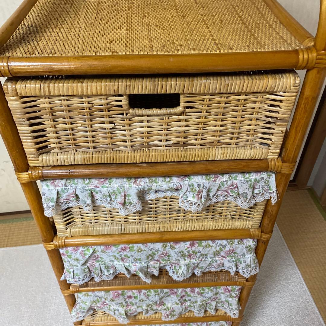 ラタン 藤製 5段ラック チェスト 花柄布カバー キャスター付き