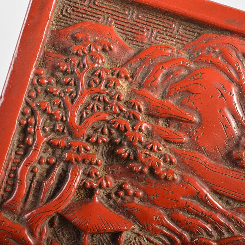 中国　剔紅　堆朱　山水文　四方香合　合わせ箱　M　R7056