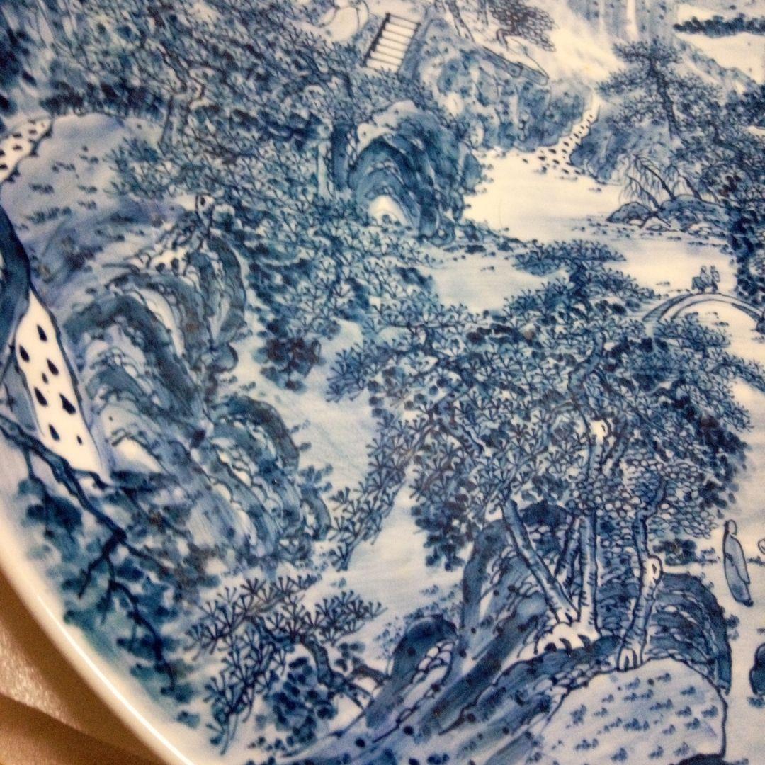 陶器大皿 直径約４５cm　青.山水画