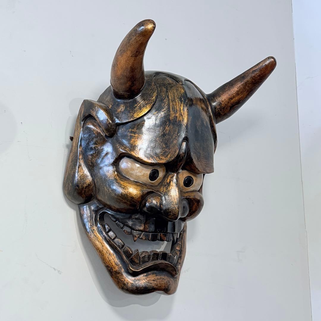 時代年代物 特大 木彫 塗金黒漆 般若 お面 壁飾り 縦約70㎝ 能面 東洋
