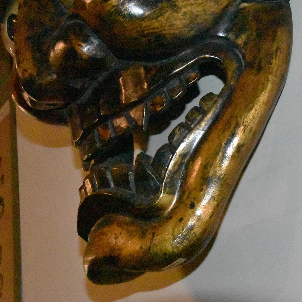 時代年代物 特大 木彫 塗金黒漆 般若 お面 壁飾り 縦約