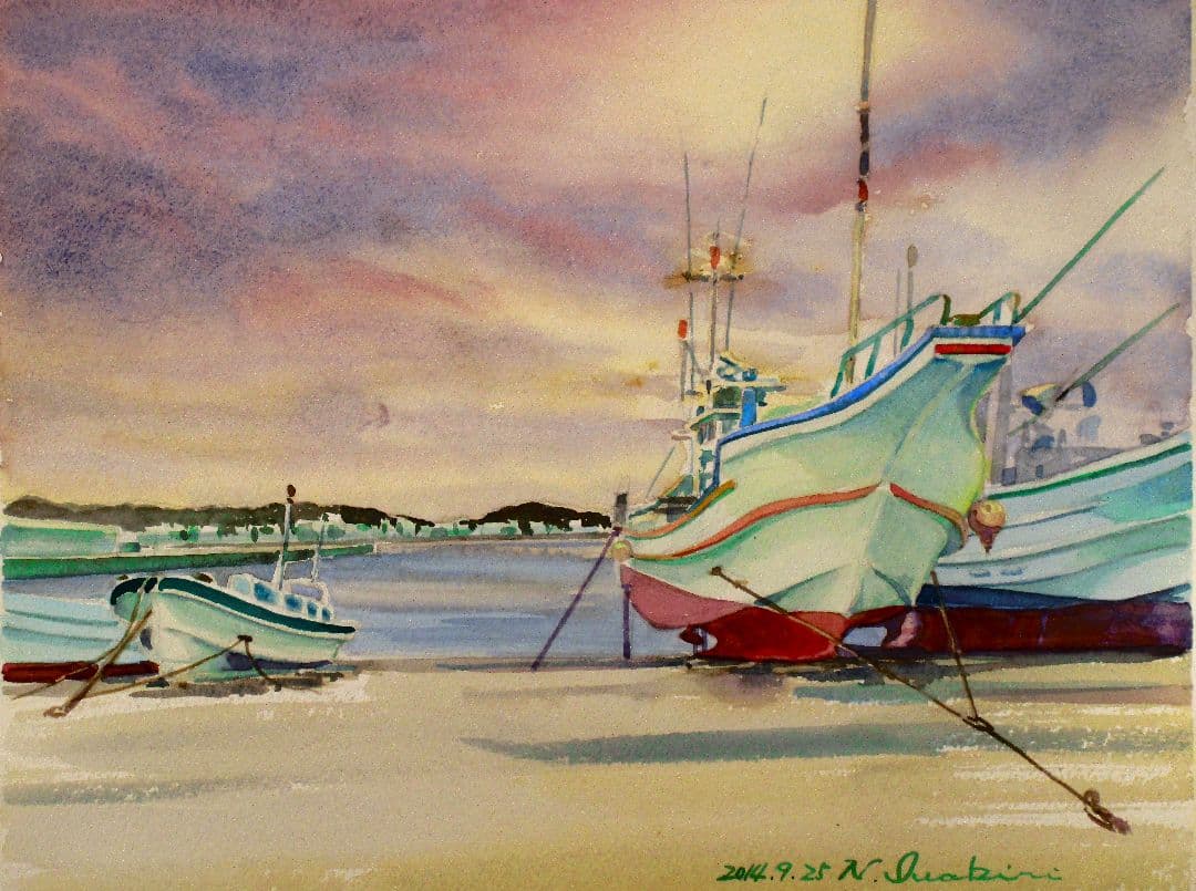 水彩画「陸上げ船」