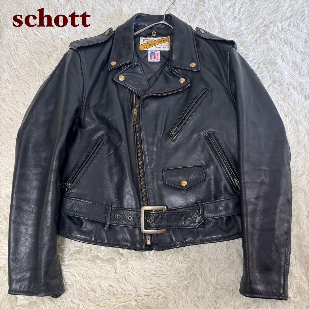 90's✨schott レザージャケット ダブルライダース 40 金ボタン 黒