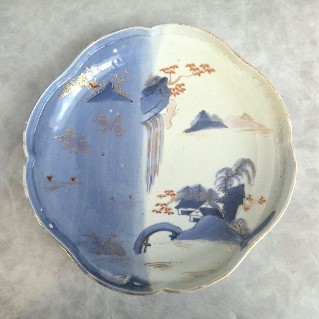 古伊万里　染め分け　変形皿　滝　薄瑠璃　江戸時代　骨董　金継ぎ　アンティーク 古伊万里 染め分け 変形皿 滝 薄瑠璃 江戸時代 骨董 金継ぎ アンティーク