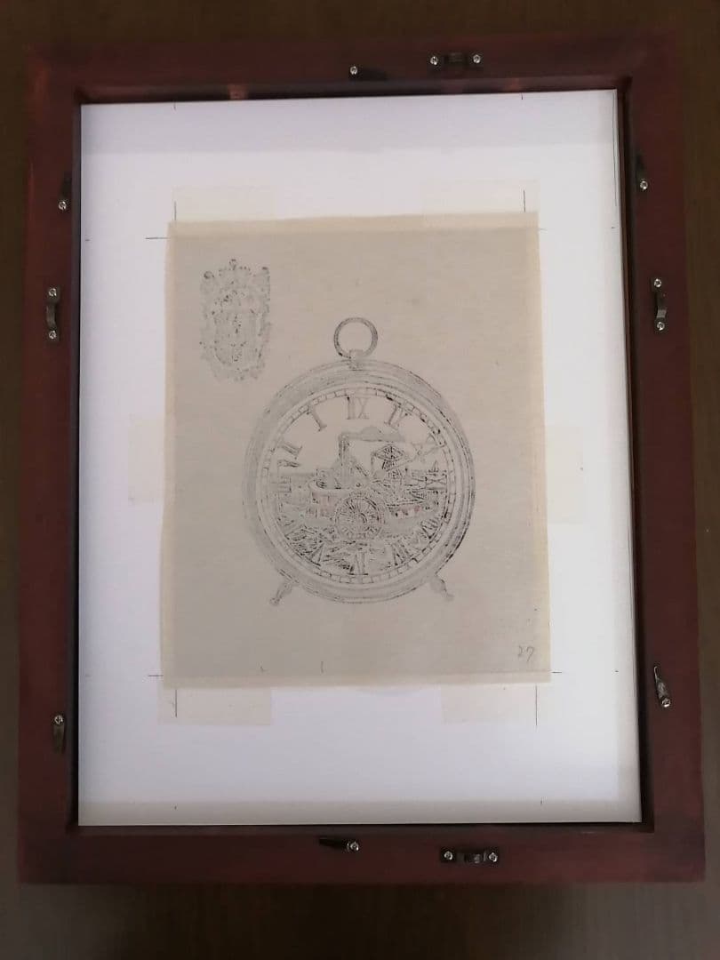 川上澄生・作 蒸気船の時計図（版画） 額、段ボールさし箱付き
