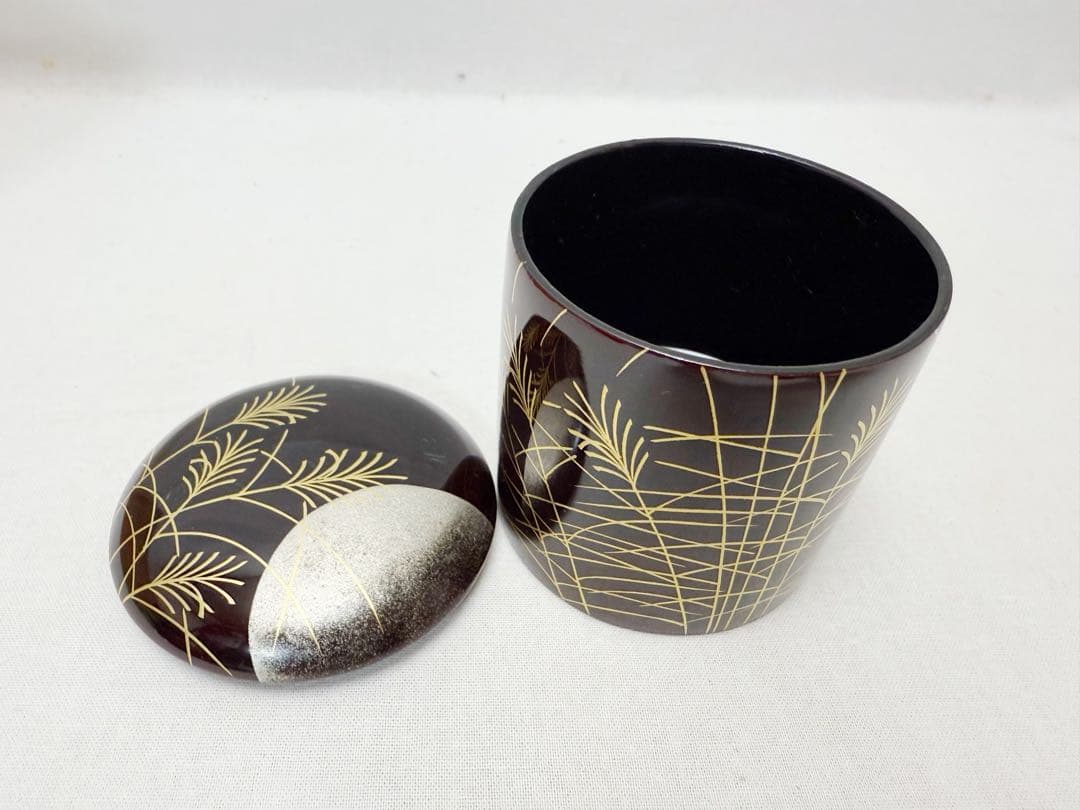 ほぼ未使用 茶道具 桐木地 茶通箱 木製溜塗 金彩蒔絵棗 大津袋