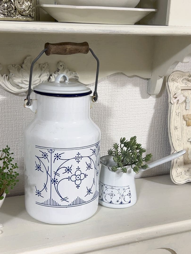 フランスアンティーク＊ホーローサキソニー柄ジャーポット アンティーク サキソニー柄 ホーロー 水切り