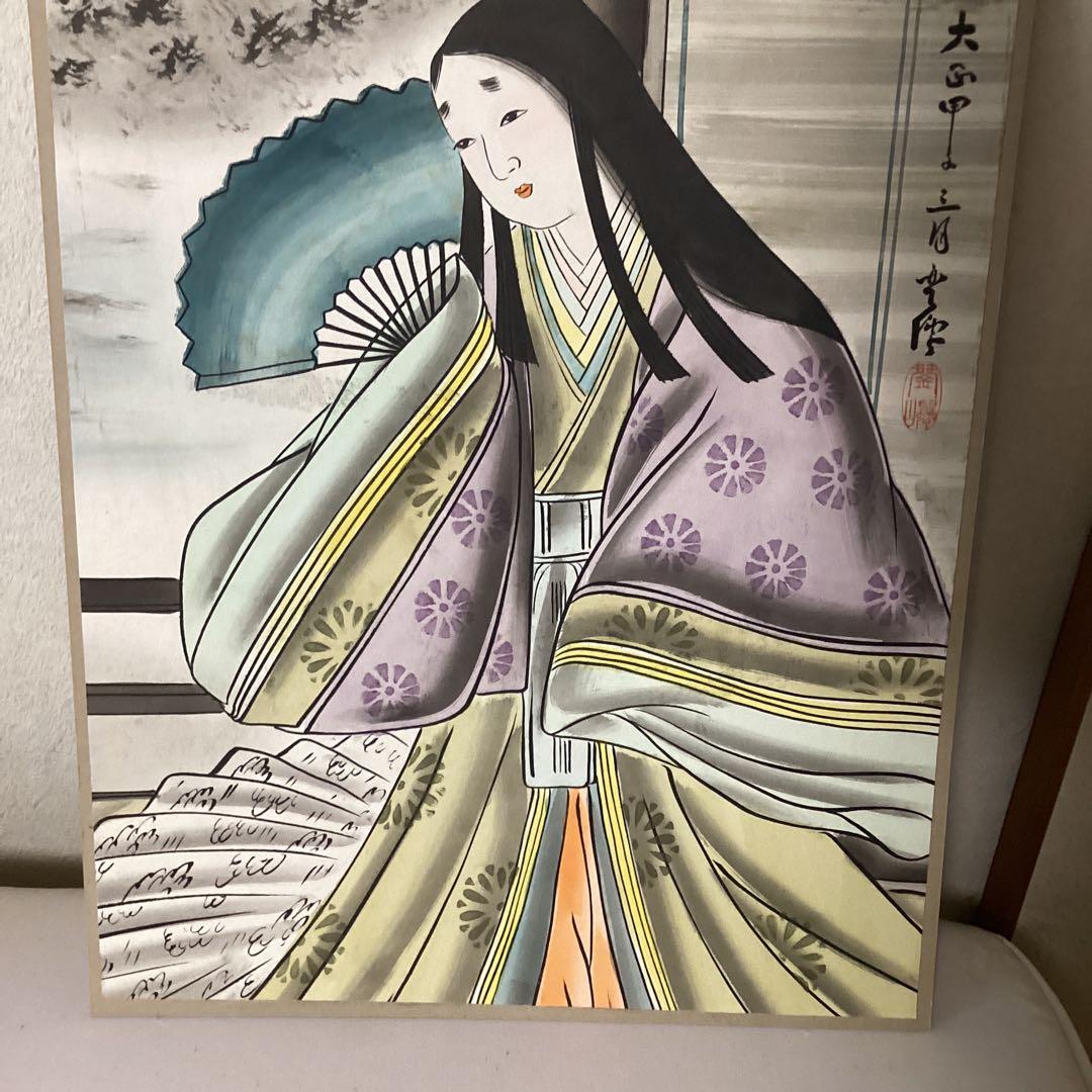 青柳琴僊　日本画【美人図】大正13年3月作品　木枠額装　落款印譜　模写　レア品