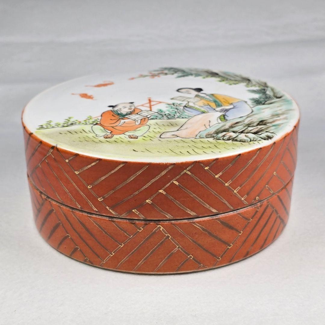 貴重 中国古美術 古磁 粉彩 手絵 描金 慈母教子図 手捧合 大香合 在銘