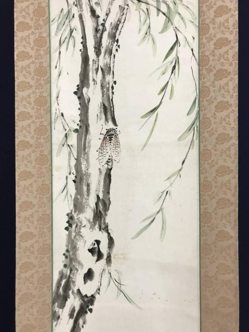 真作/田能村直雙/小竺/柳にセミ図/花鳥図/蝉図/掛軸/名家伝来/AE-240