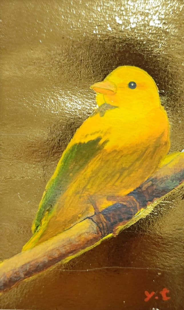 超美品！値下げ交渉あり。金箔を押した黄色い小鳥　アクリル画　絵画