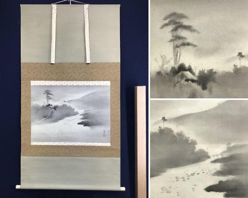 真作】森田華香/山水図/田家の朝/横物/大幅/掛軸/名家伝来/