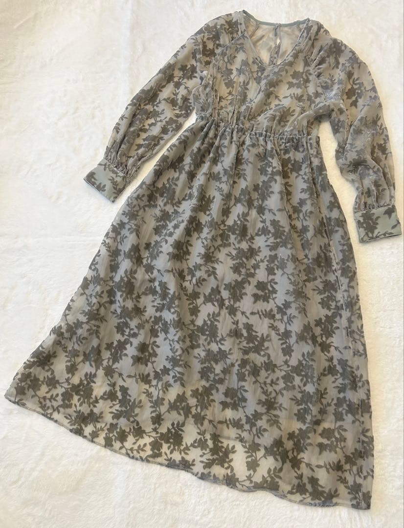 URBANRESEARCH ベロアジャガードVネックワンピース ライトカーキ