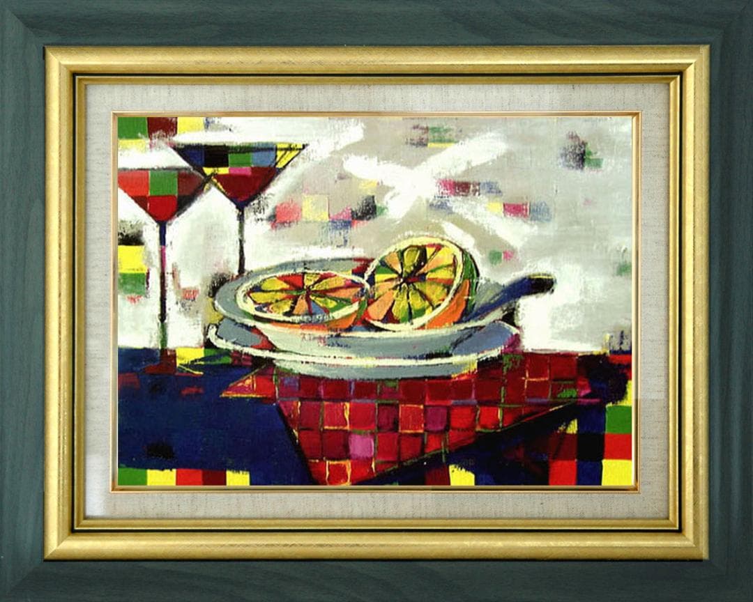 油絵 菅家令子インテリア 額付(白) uF6-061703 静物 フルーツグラス