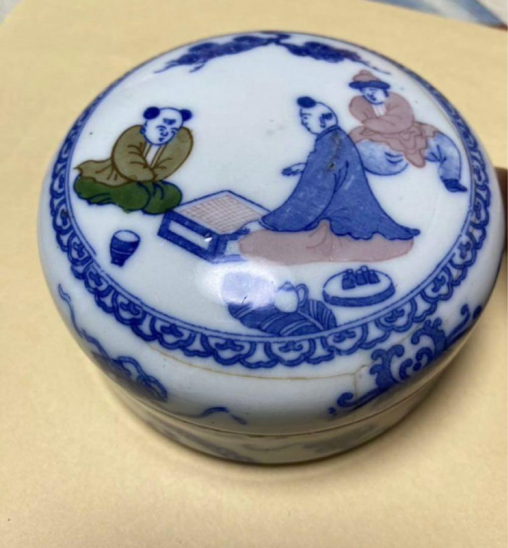 中国美術 古伊万里 人物青花香盒 染付 骨董 年代品