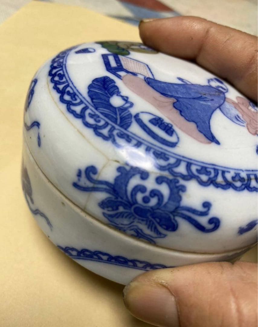 中国美術 古伊万里 人物青花香盒 染付 骨董 年代品