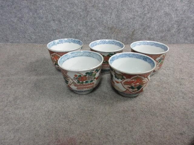 伊万里 色絵 鶴菊蝶 猪口 5個 [B31357]