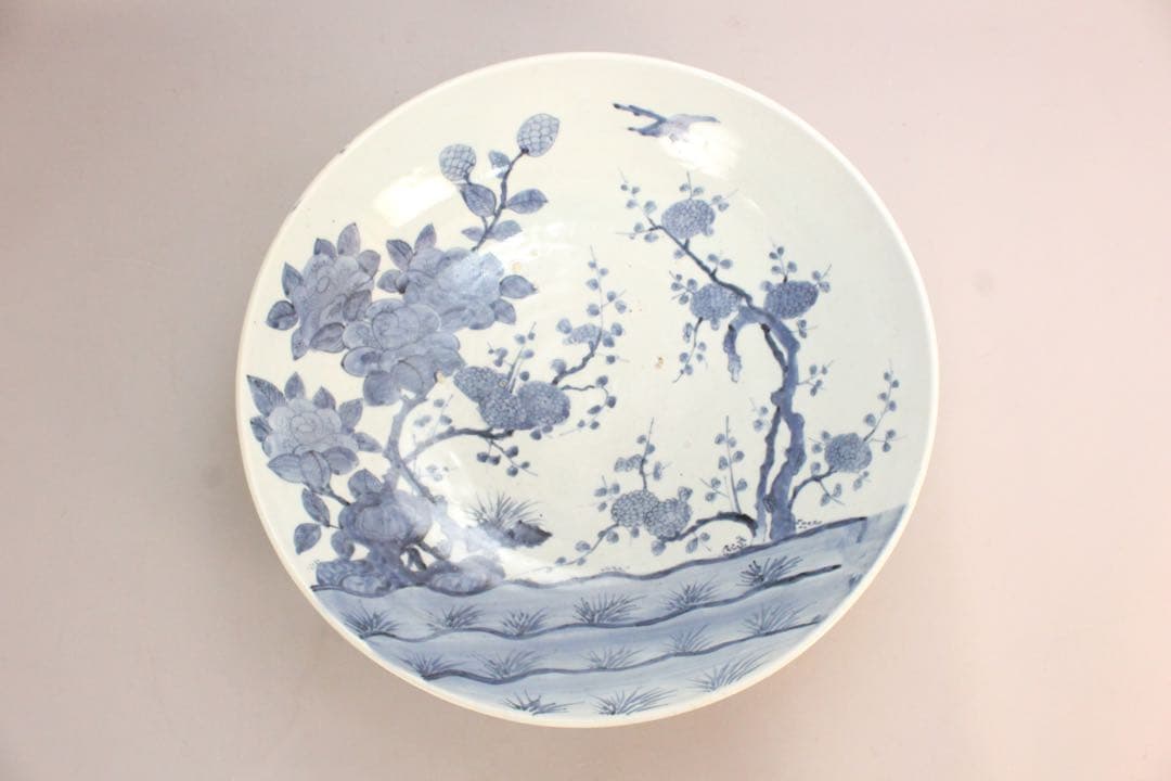 No5146 古伊万里 大明成化年製 染付花鳥文大皿 直径47cm 送料